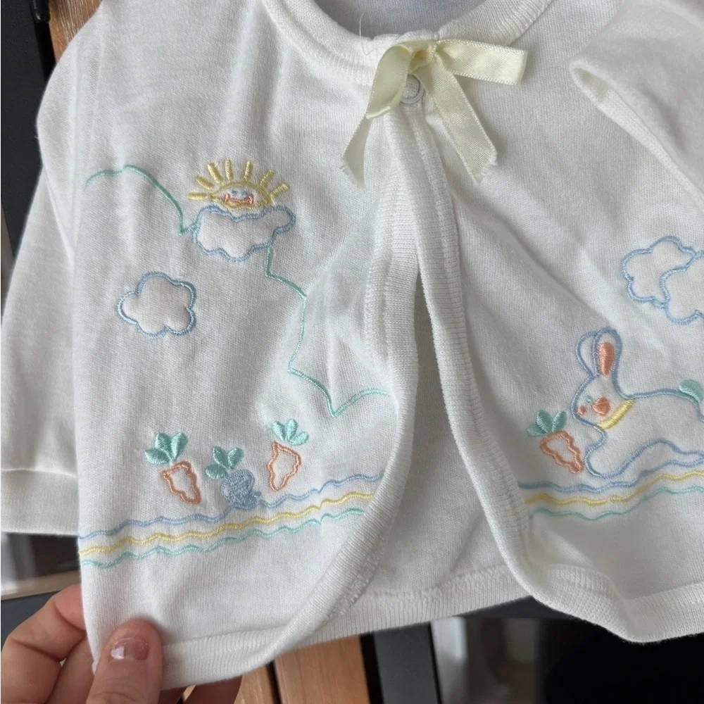 Vintage 70s Doespun cardigan onesie set bunny embroidered baby romper unisex